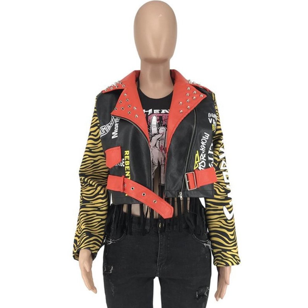 Tiger Faux Leather Biker Jacket